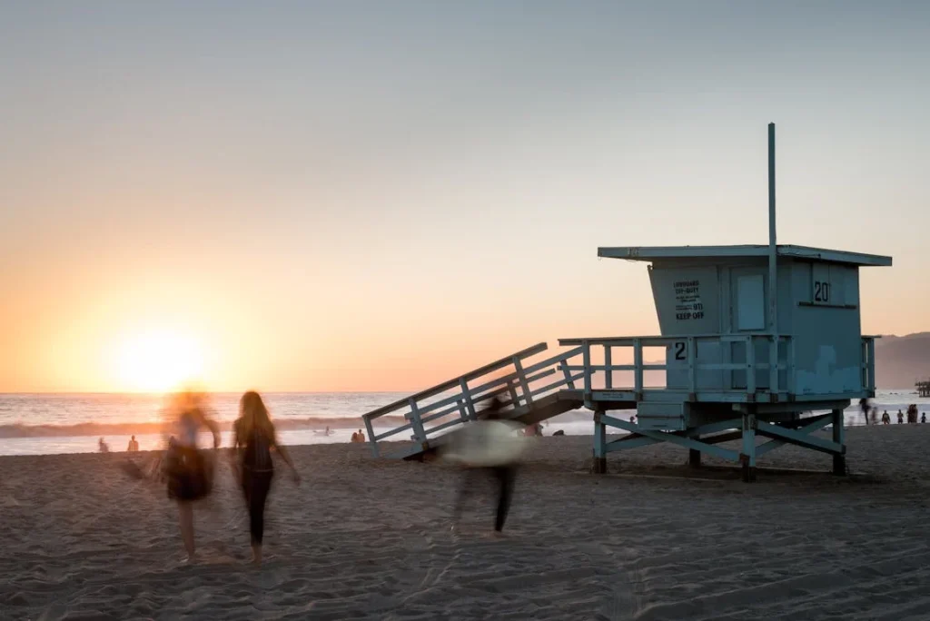 lifeguard tower on Santa Monica beach, one of the best us beaches in july